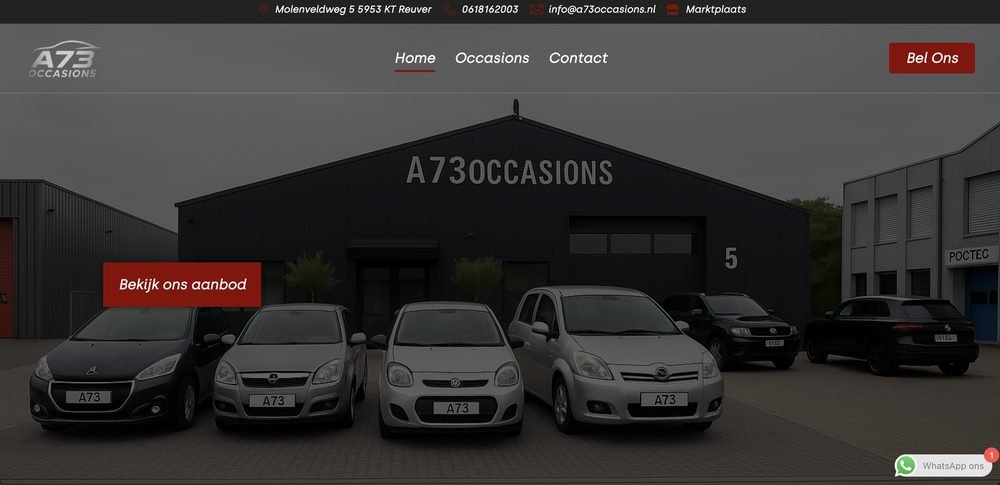 Homepage van A73 Occasions, gebouwd door Online Doekoe