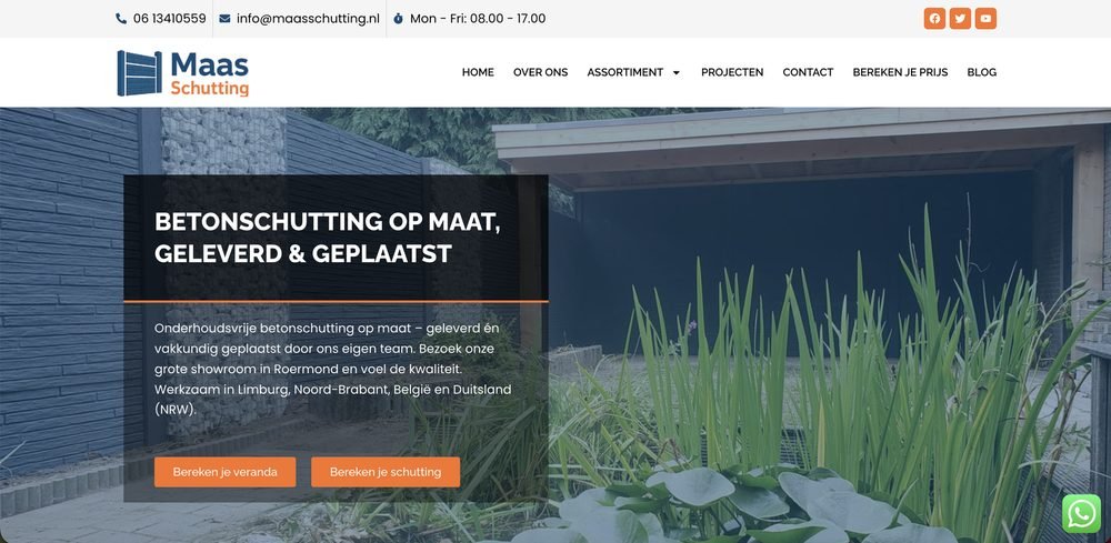 Homepage van Maasschutting, gebouwd door Online Doekoe