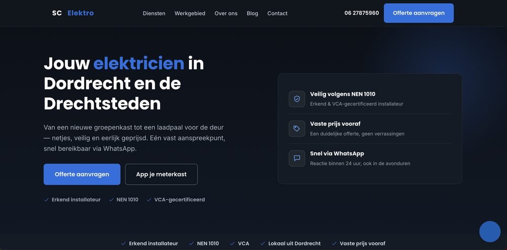 Homepage van SC Elektro, gebouwd door Online Doekoe