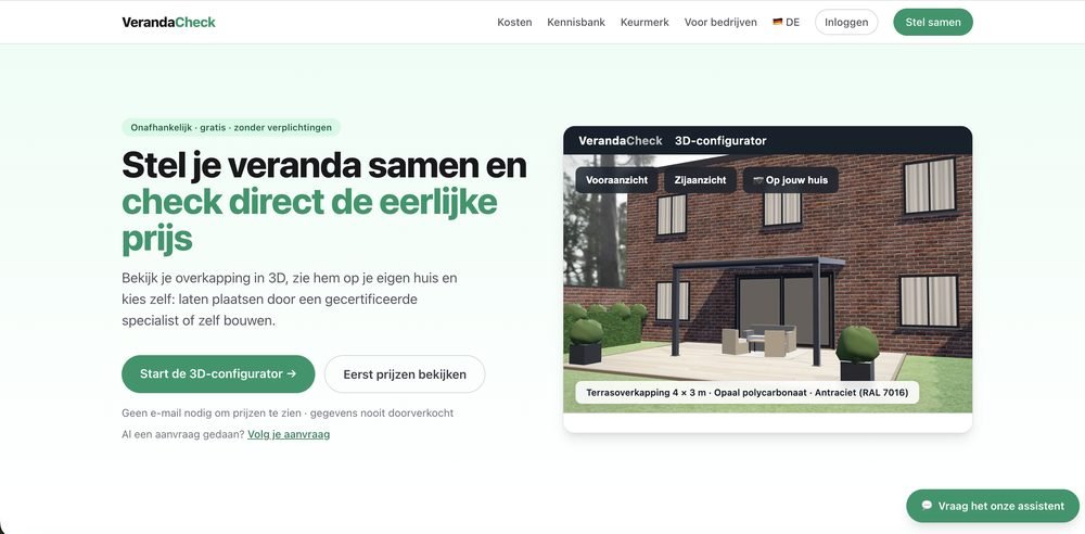 Homepage van VerandaCheck, gebouwd door Online Doekoe