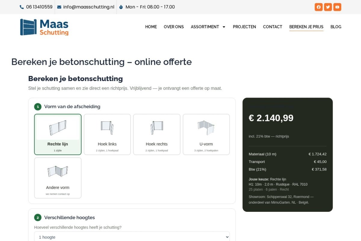 Maasschutting online offerteconfigurator — betonschutting berekenen