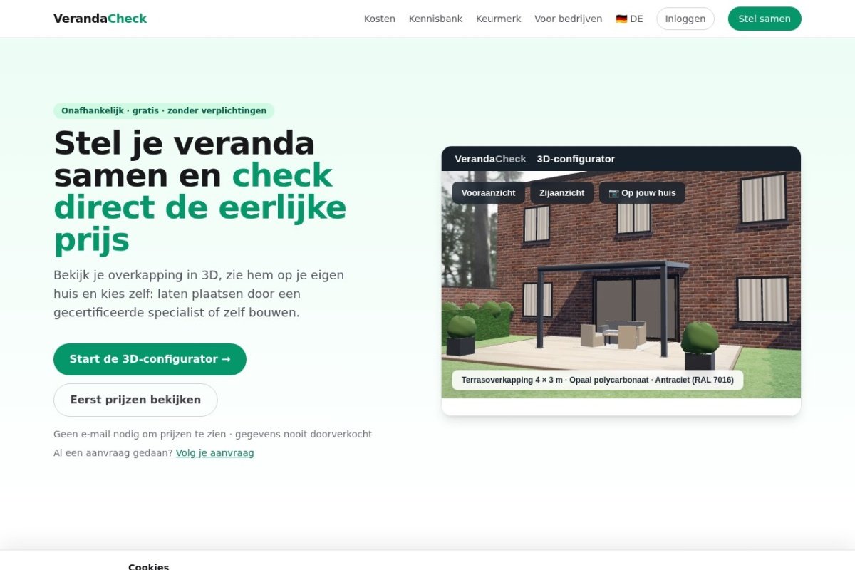 VerandaCheck 3D-configurator — Nederlandse verandaconfigurator