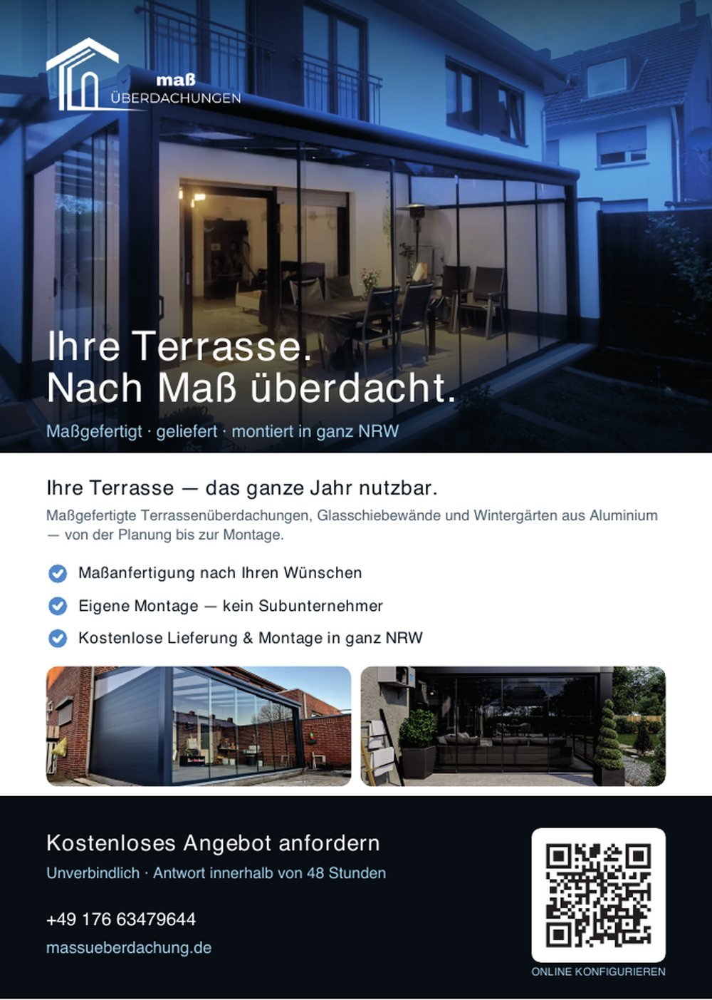 A5-flyer voor Maß Überdachung, ontworpen en gedrukt door Online Doekoe