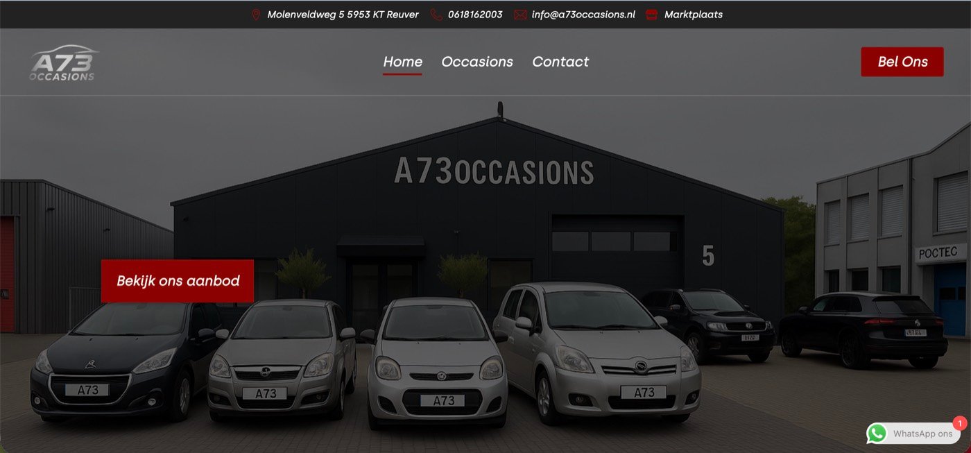 Schermafbeelding van de website a73occasions.nl die Online Doekoe bouwde