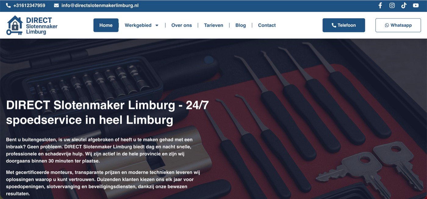 Schermafbeelding van de website directslotenmakerlimburg.nl die Online Doekoe bouwde